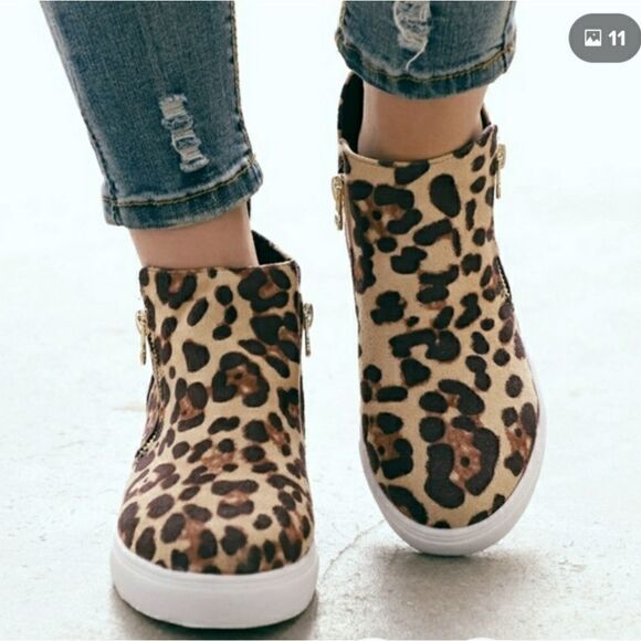 New wedge leopard print zip up high top sneakers - Picture 6 of 6